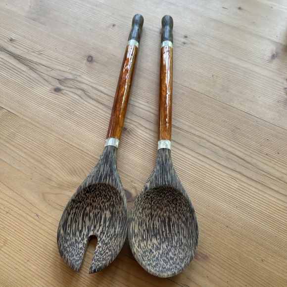 Handmade Other - hand-carved wooden salad servers inlaid with mother of pearl handles New